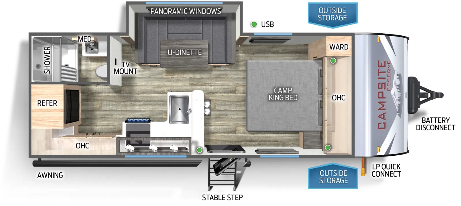 The Campsite Reserve 20AK floorplan has one entry and one slide out. Exterior features include: metal exterior. Interiors features include: rear kitchen, u-dinette and front bedroom.